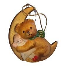 VINTAGE CERAMIC BEAR HUGGING CRESCENT MOON WITH DOLL 2.75” ORNAMENT TAIWAN picture