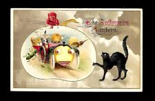 c1914 Winsch Halloween Postcard Witch, Goblins Black Cat Red Devil Ride Buggy picture