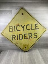 Vintage Yellow Bicycle Rider Sign Highway Wooden Town Street Road Sign 30” X 30” picture