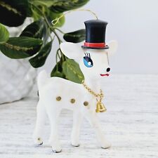 MCM Vintage Christmas Reindeer Ornament Flocked Blue Eyed Top Hat HONG KONG  picture