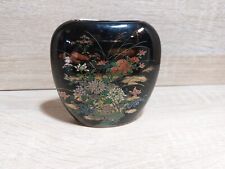 Vintage Japanese Black And 24K Gold  Narrow Oval Vase W/ Flowers picture