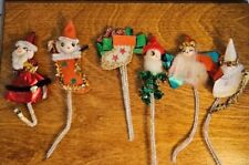 6 Vintage Christmas Tie On Ornament Spun Cotton Pipe Cleaner Elf, Angel, Santa + picture