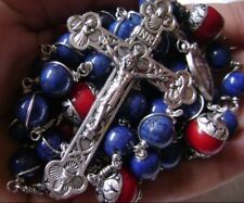 Sterling 925 Silver Lapis lazuli Beads Rosary CROSS CRUCIFIX CATHOLIC NECKLACE picture