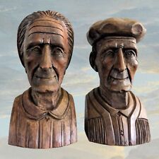 Vintage Folk Art  Hand Carved Wood Bookends Old Basque Couple Man And Woman  picture