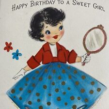Vintage Mid Century Greeting Card Birthday Cute Girl Chose Her Hat Punch Out Hat picture