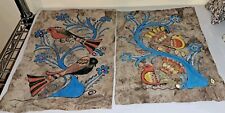 2 Beautiful Vtg Mexican Folk Art Pictures Handpainted Birds On Amate Bark-Paper picture