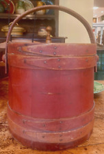 ANTIQUE NAIVE PRIMITIVE RED PAINT FIRKIN SUGAR BUCKET WOODEN PANTRY HAS NAME picture
