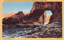 Rockaway Beach OR Oregon Coast Highway Twin Rocks Arch Vtg Postcard B46 picture