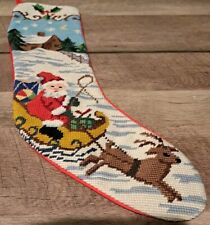 Vintage Santa Claus Cabin Reindeer Wool Tapestry Christmas Stocking Needlepoint picture