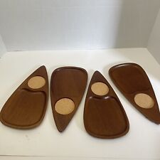 4 Vintage MCM Sere Wood Hand Carved Triangle Party Snack Tray w/Coaster Japan A picture