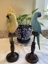 Vintage Hand Carved Resin Blue Teal  And Yellow Parrot On Stand picture