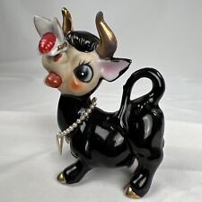VTG Ucagco Ceramic Black Cow with A Butterfly Necklace Kitschy Self Sitter picture
