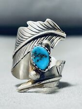 OUTSTANDING VINTAGE NAVAJO BLUE GEM TURQUOISE STERLING SILVER FEATHER RING picture