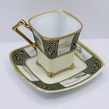 Vintage Demitasse Espresso Teacup & Saucer Countryside Art Deco Gold Trim Japan picture
