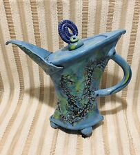 Abstract Vintage Glazed hand-painted Ceramic Water Tea Pitcher Rare Pittman Blue picture