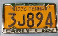 Antique 1936 Pennsylvania License Plate & Ford Frame -V8   PA -  Penna - PA picture