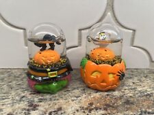 TWO Kcare Halloween Jack o Lantern Pumpkin Ghost & Witch w/Cat Snow Globe Vtg picture