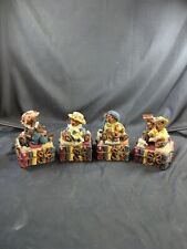 Lot 4 Vintage Resin Musical Fancy Bears Sitting On Stacked Books Bunny Knit Rare picture