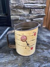 Vintage 50’s USA Bromwell’s Metal Flour Sifter 3-Cup Measuring Beige Red Apple picture