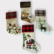 Hand-Painted Lot Four Stockings Santa, Reindeer, Snowman Plaid Full Size picture