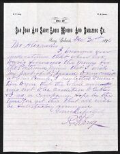 San Juan and Saint Louis Mining and Smelting Co 1876 R.F. Long Signed Letterhead picture