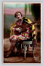 RPPC Colorized Young Woman Playing Guitar Real Photo, Antique B4 picture