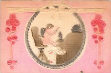 C.1910s Valentines Day Heavily Embossed Airbrushed Cupid At Desk Postcard 94 picture