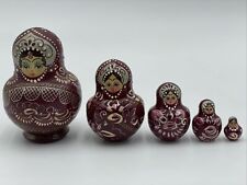 Russian Matryoshka Nesting Dolls Set of 5 Wooden Hand Painted Vintage Maroon picture