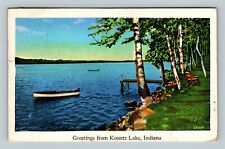 Koontz Lake IN, Greetings, Scenic Shoreline, Boat, Dock VintageIndiana Postcard picture