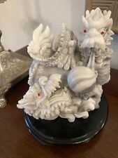 Large Heavy Figurine Sculpture 2 Dragons Fighting Coming Out Of Waves -Wood Base picture