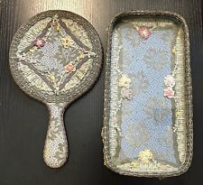 Antique French Vanity Tray & Mirror w/Silk Ribbon Rose Metallic Lace Victorian picture