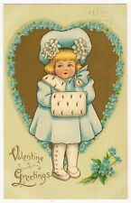 Raphael Tuck Valentine Greetings Postcard Girl Blue Coat Heart's Delight Series picture