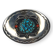 Vintage  Southwestern Nickel Silver Seafoam Turquoise Nugget Coral Belt Buckle picture