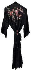 VINTAGE Japanese Black Silk GORGEOUS Embroidered Roses Vines Kimono Robe OS picture