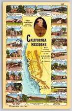 California Missions Fray Junipero Serra San Jose De Gaudalupe Map VTG Postcard picture