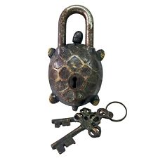Antiqued Old Patina Brass Turtle Padlock Vintage Handmade Keys Tibetan Door Lock picture