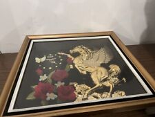 VTG Large 21” Eleco Wall Clock Unicorn Pegasus Roses Wood Frame picture