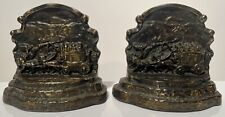 VINTAGE PAIR OF WESTERN, COVERED WAGON, ARMOR BRONZE BOOKENDS Horses Cowboys picture