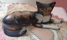 Lynda Pleet Cat Figurine Signed Calico White Tan and Brown Resin Modern Cats picture