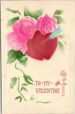 C.1910s Valentines Day Heavily Embossed Airbrushed Heart Pink Rose Postcard 910 picture
