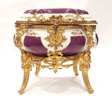 ANTIQUE SUPERB SEVRES TRINKET JEWELRY BOX RARE FOOTED GILT BRONZE & PORCELAIN picture