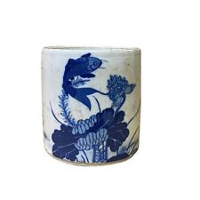 Chinese Distressed White Porcelain Blue Fishes Graphic Holder Vase ws2758 picture