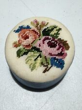 Vintage Fetco Silk Needlepoint Round Jewelry Box Trinket Flowers Hand Stitched picture