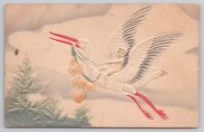 Postcard Baby Riding a Stork Carrying Gold Coins. Vintage PM 1908 PA Embossed picture