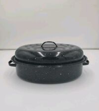 Vintage Enamel Black Speckle Oval Roasting Pan with Lid Made in USA 14