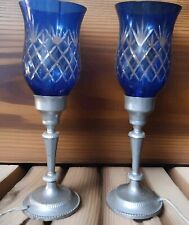 Pair Of International Silver Co. Cobalt Blue Cut To Clear Lamps (2) picture