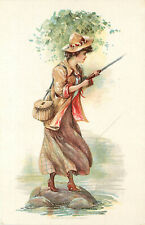 Vintage Postcard Signed Artist May Farini Woman Fly Fishing From Rock in River picture