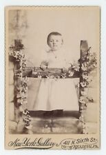 Antique c1880s Cabinet Card Adorable Little Girl By Flowers on Fence Reading, PA picture