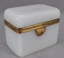 Antique French Cut White Opaline Alabaster & Brass Mounted Jewelry Casket Box picture