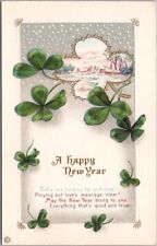 HAPPY NEW YEAR Embossed Postcard Winter Scene 4-Leaf Clover STECHER 346C Unused picture